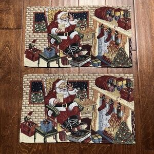 2 Christmas Tapestry Placemats Santa Claus Fireplace Vintage 1990s